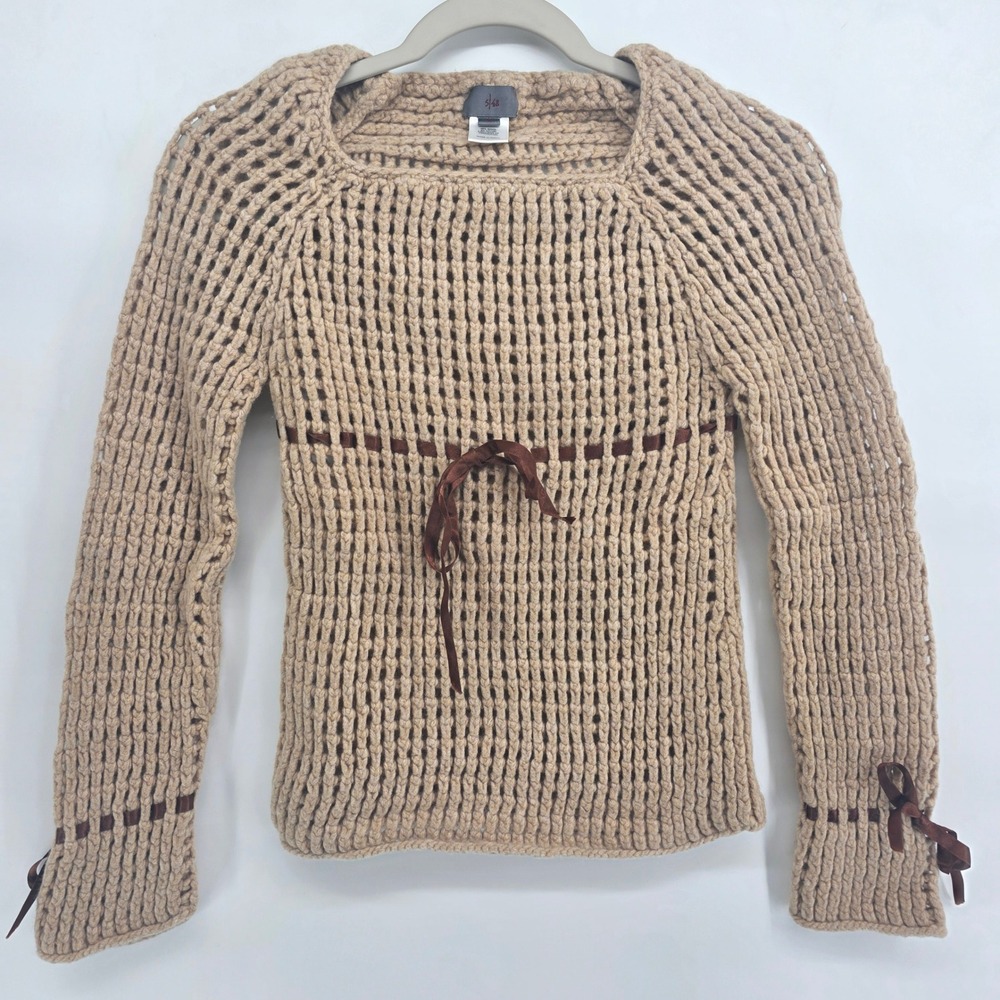 Knit Sweater Medium Beige Square‎ Neck Long Sleeve Ribbed Ribbon Boho babydoll